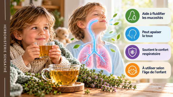 Thym pour les enfants  illustration de ses bienfaits traditionnels sur la toux, les mucosités et le confort des voies respiratoires - Herboristerie Sensathé